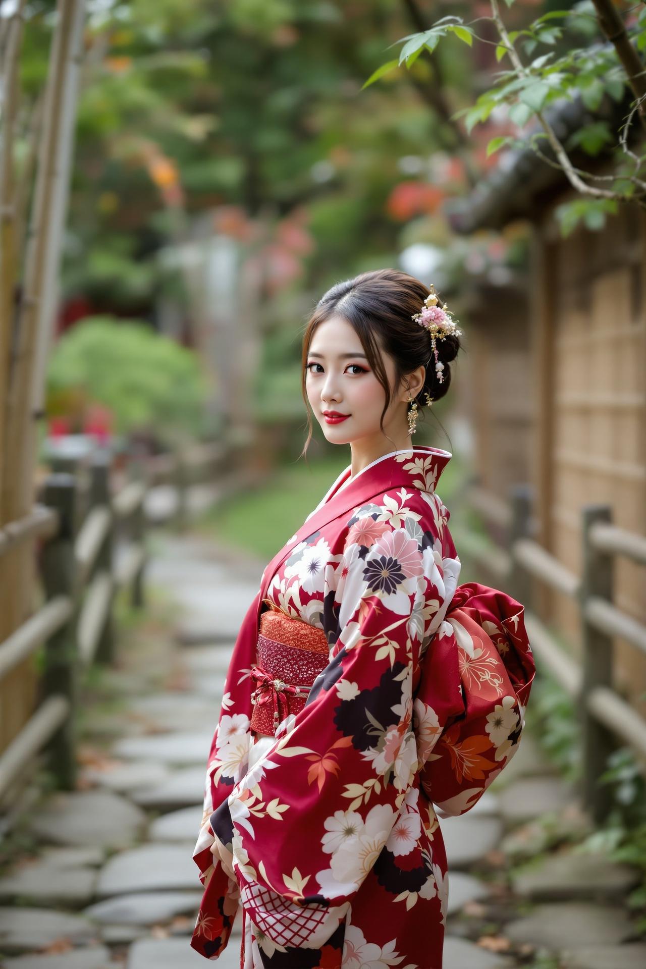 日式庭院里的和服美人